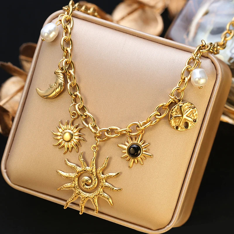 Boho Gold Charm Pendant Necklaces – Sun, Moon & Vintage Coin Designs