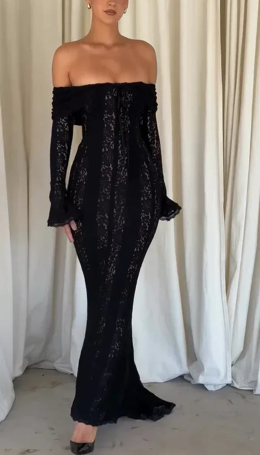Women White Lace Hollow Out Long Dress Fashion Long Sleeve