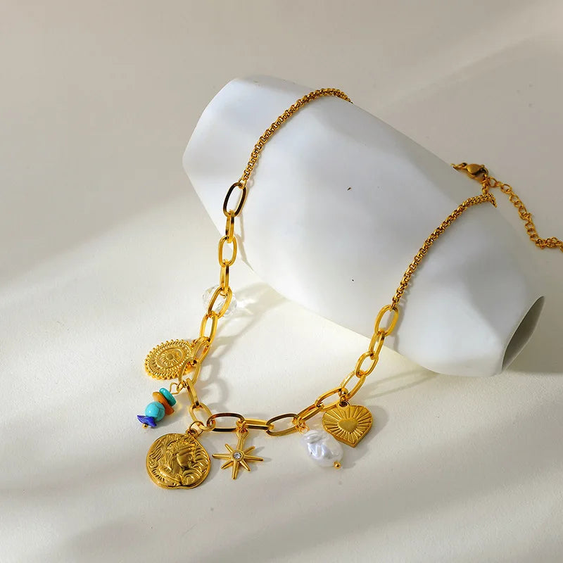 Boho Gold Charm Pendant Necklaces – Sun, Moon & Vintage Coin Designs