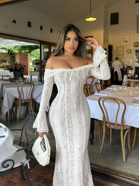 Women White Lace Hollow Out Long Dress Fashion Long Sleeve