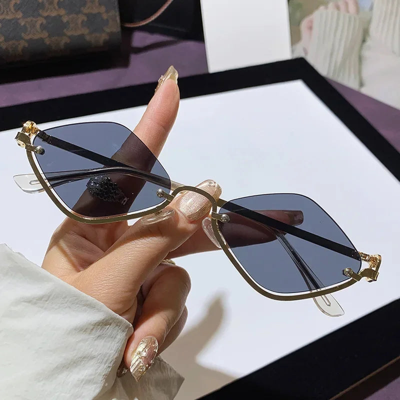 Trendy Half Frame Diamond Shaped Sunglasses