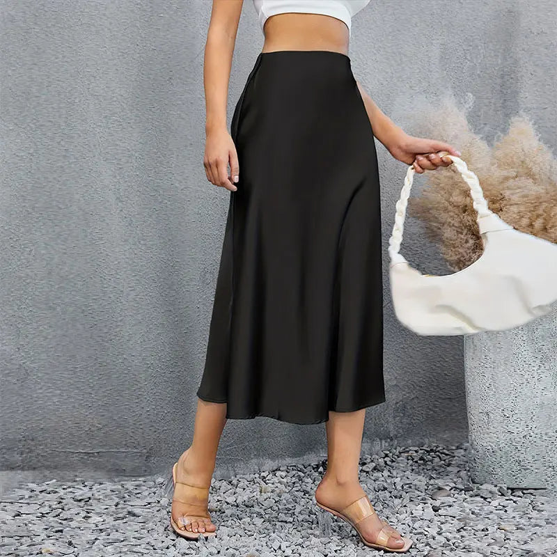 Satin Solid Pleated Midi Skirt