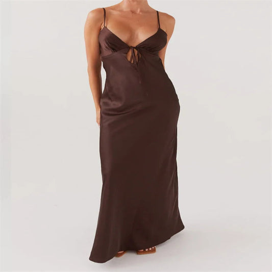 Sleeveless Strap V-neck Front Tie-Up Backless Long Dress