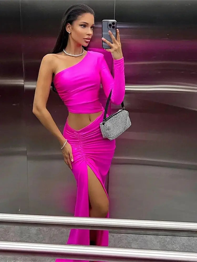 One Shoulder Cut Out Split Ruched Maxi Dress
