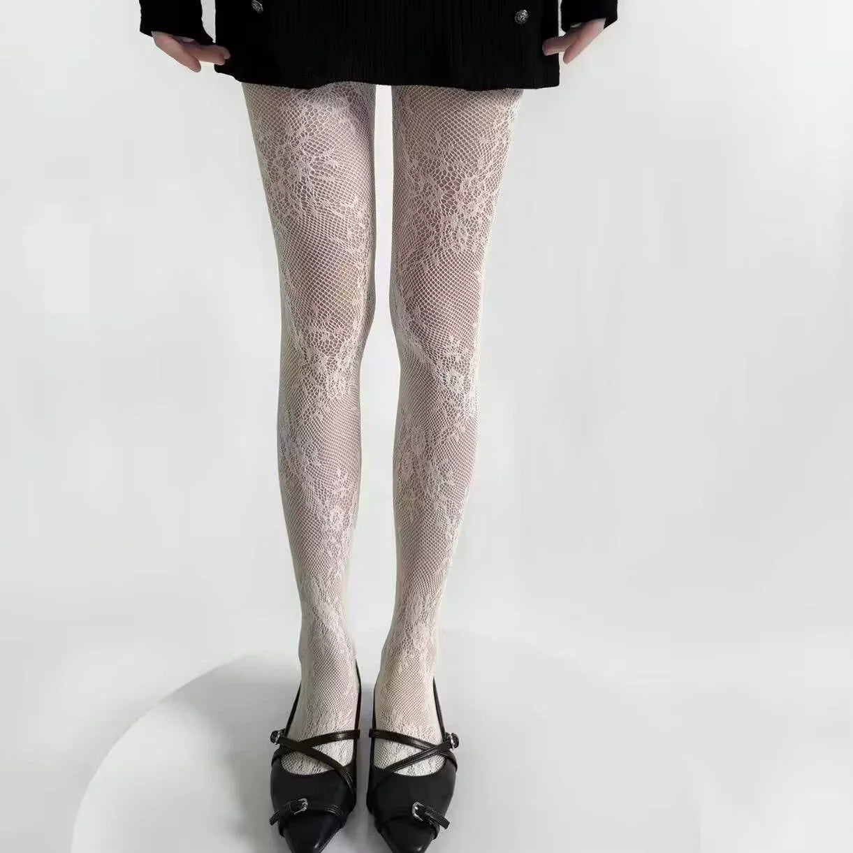 White and Black Hollowed Out Lace Mesh Pantyhose