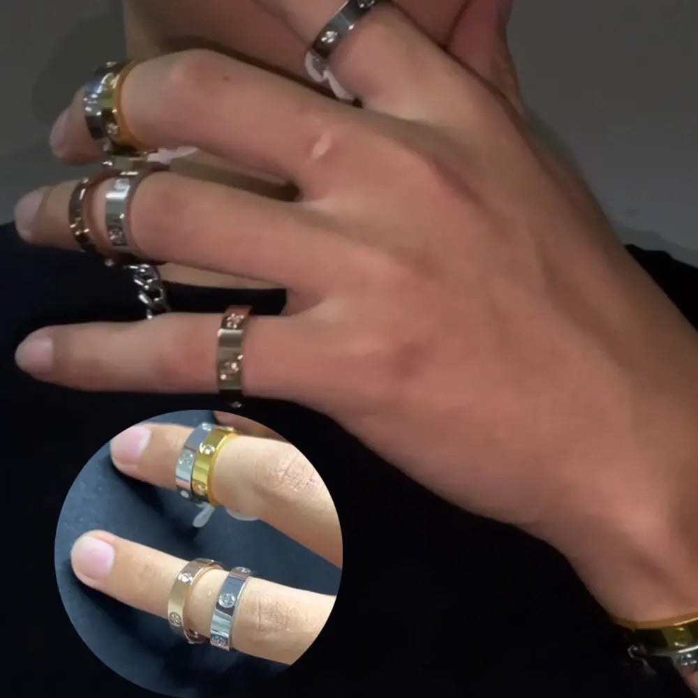Unisex Stainless Steel Love Rings with Crystal Accents