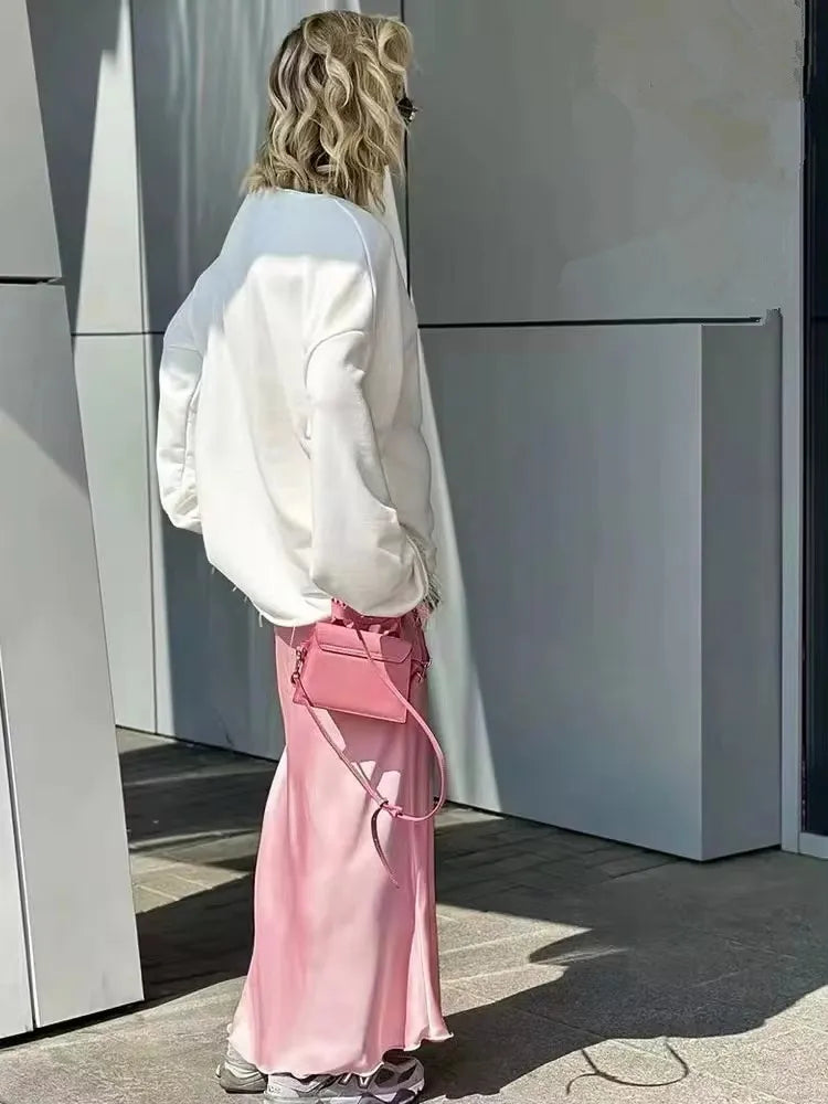 Pink Midi Skirt Elastic Waist