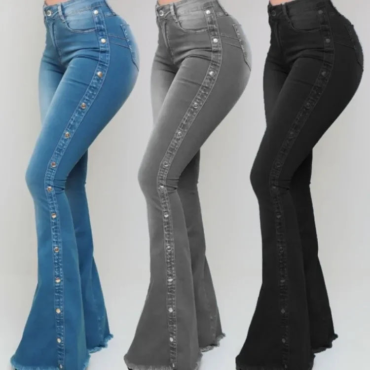 High Waist Stretch Denim Flare Pants
