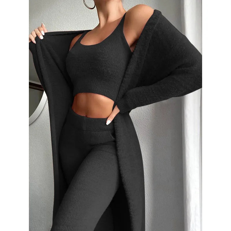 Knitted V-neck Cropped Three-piece Set