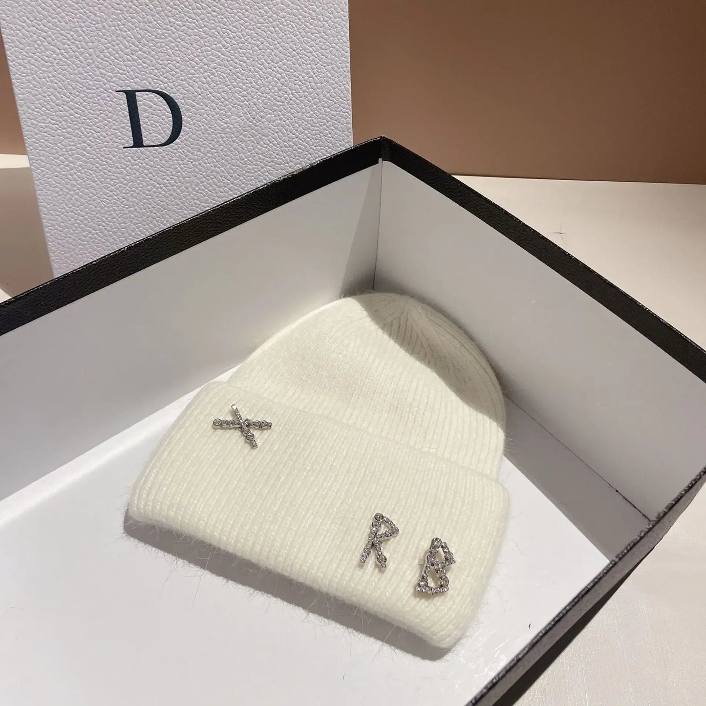 Fur Diamonds Letter Design Beanies