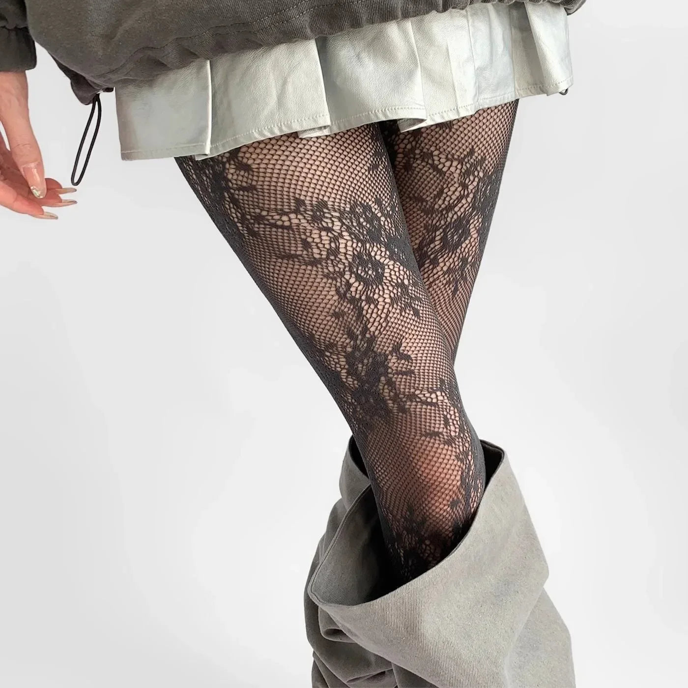 White and Black Hollowed Out Lace Mesh Pantyhose
