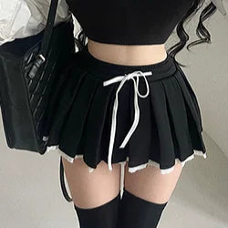 High Waist Drawstring Lace Pleated Skirt