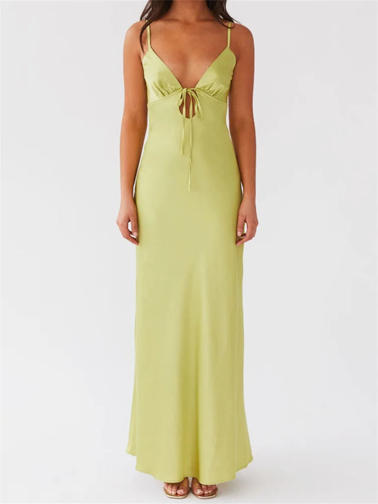Sleeveless Strap V-neck Front Tie-Up Backless Long Dress