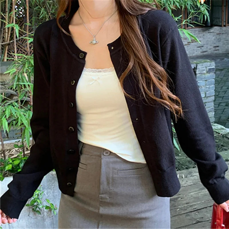 Long Sleeve O Neck Button Down Knit