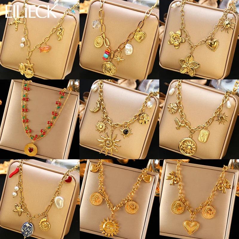 Boho Gold Charm Pendant Necklaces – Sun, Moon & Vintage Coin Designs