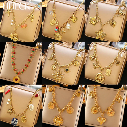Boho Gold Charm Pendant Necklaces – Sun, Moon & Vintage Coin Designs
