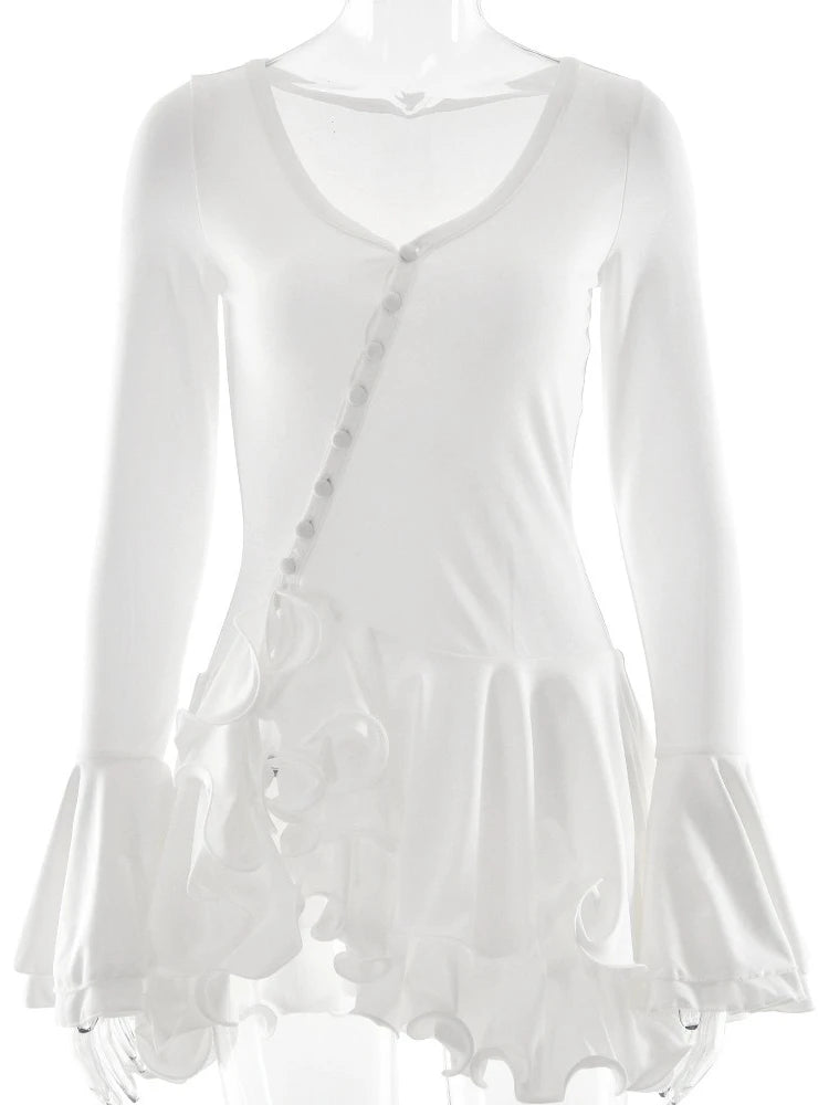 Flare Sleeve Ruffle V Neck Mini Dress