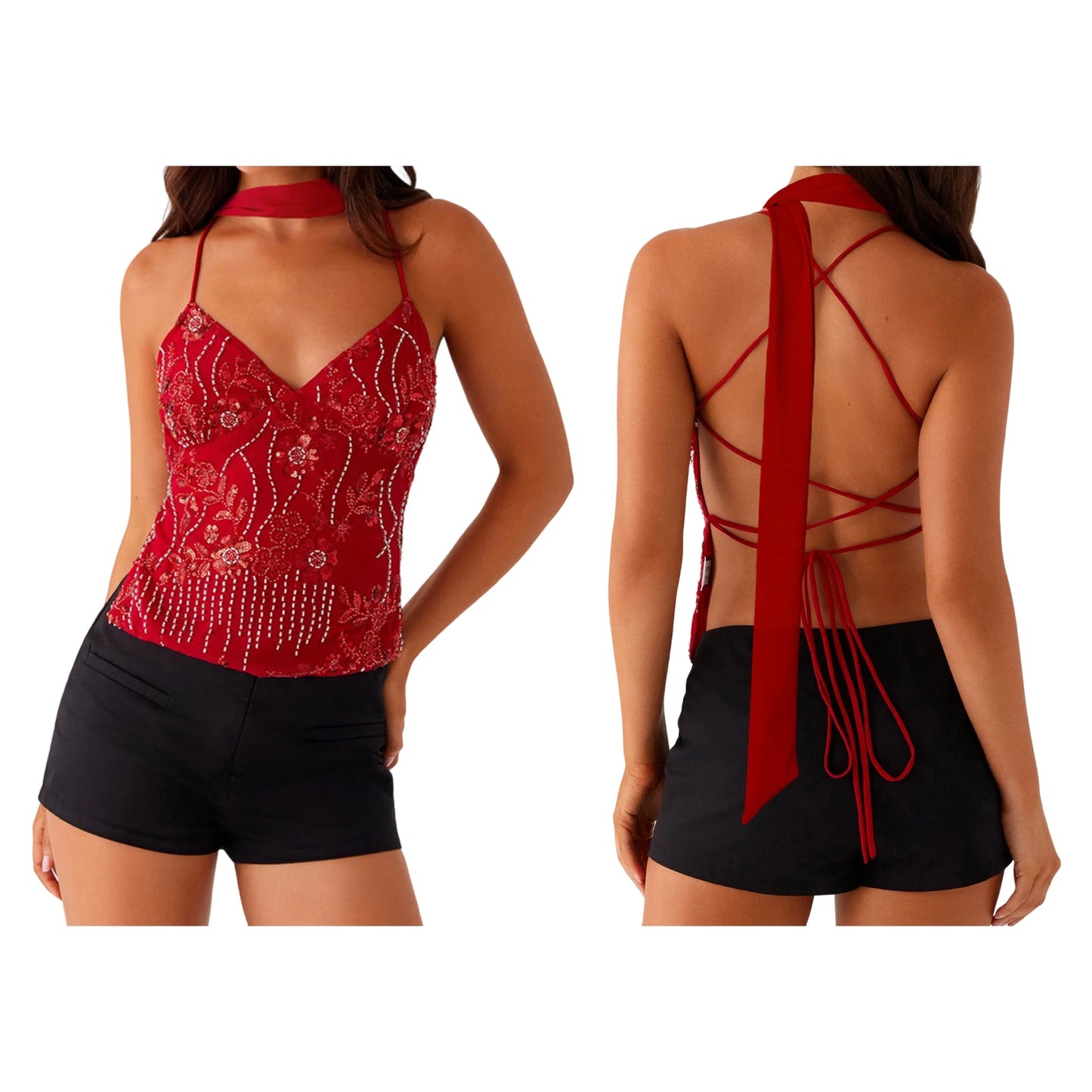 Sleeveless Beading Camis Top V-neck