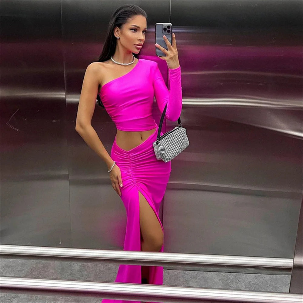 One Shoulder Cut Out Split Ruched Maxi Dress