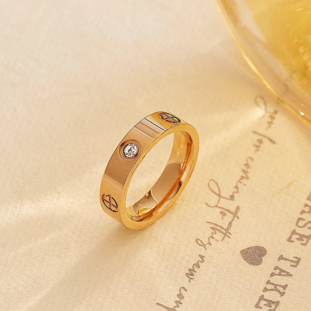 Unisex Stainless Steel Love Rings with Crystal Accents