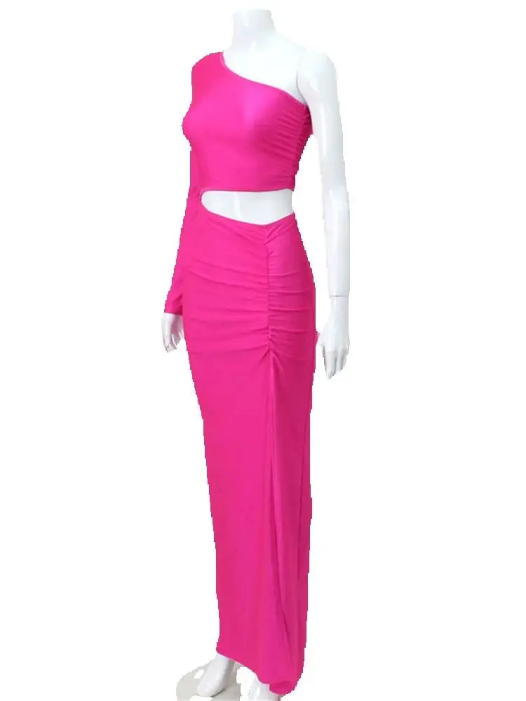 One Shoulder Cut Out Split Ruched Maxi Dress