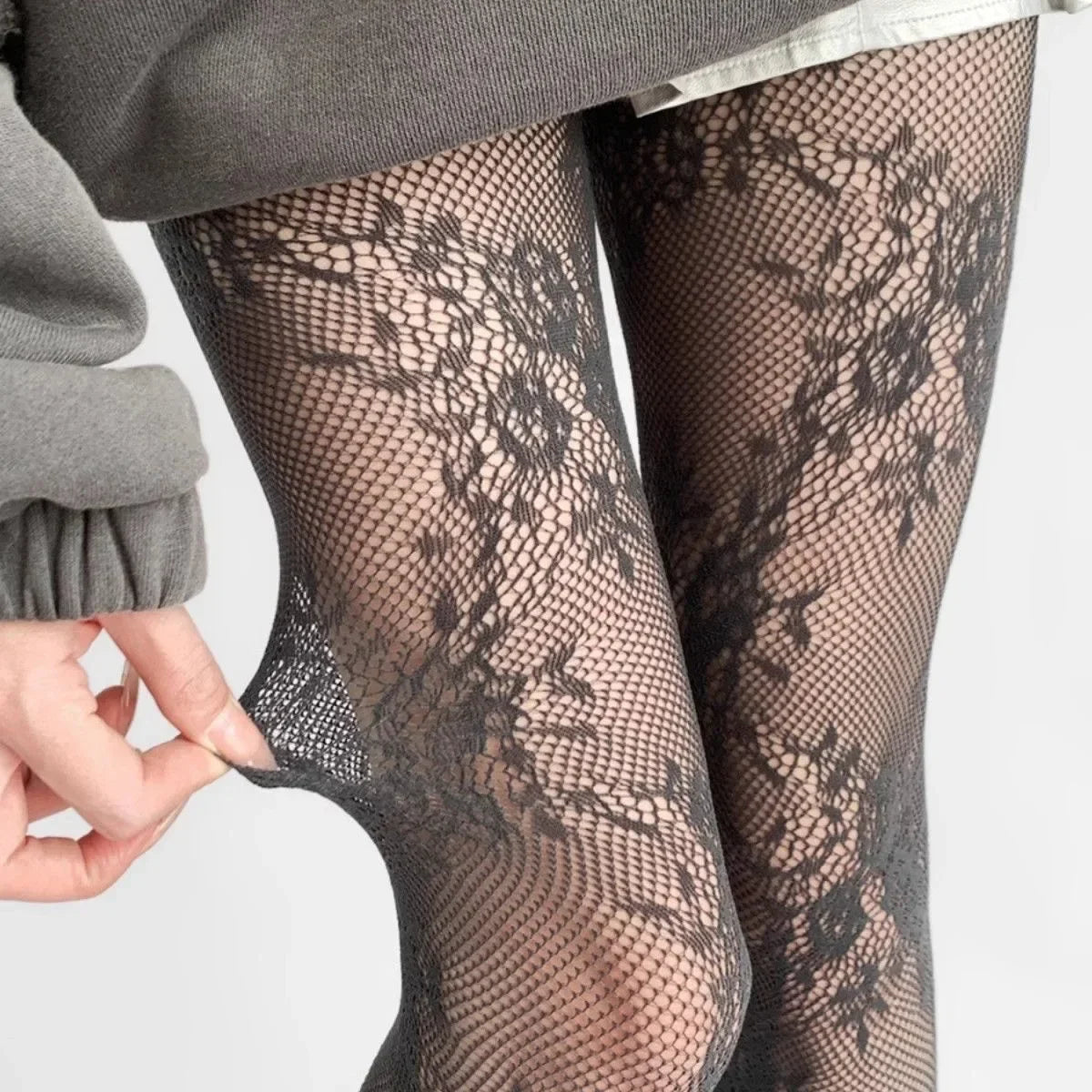White and Black Hollowed Out Lace Mesh Pantyhose