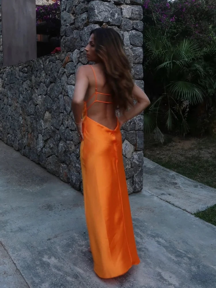 Orange Backless Stain Maxi Dress