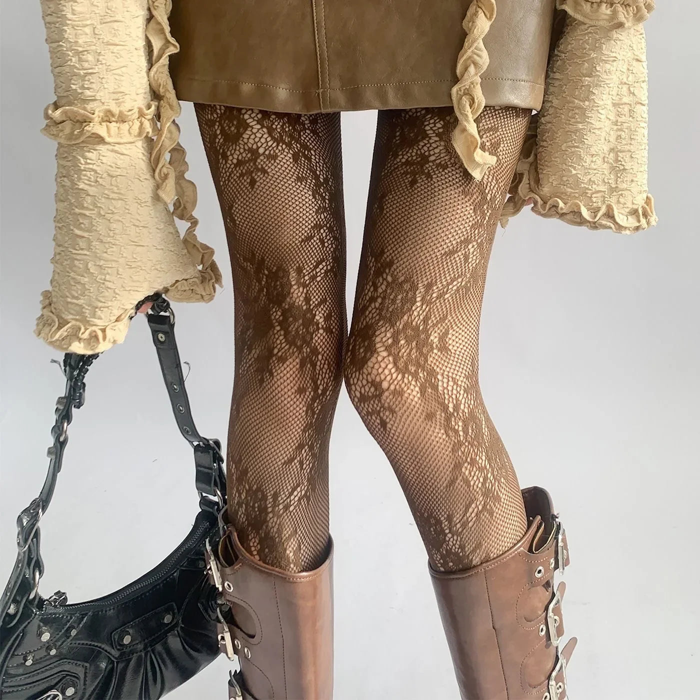 White and Black Hollowed Out Lace Mesh Pantyhose