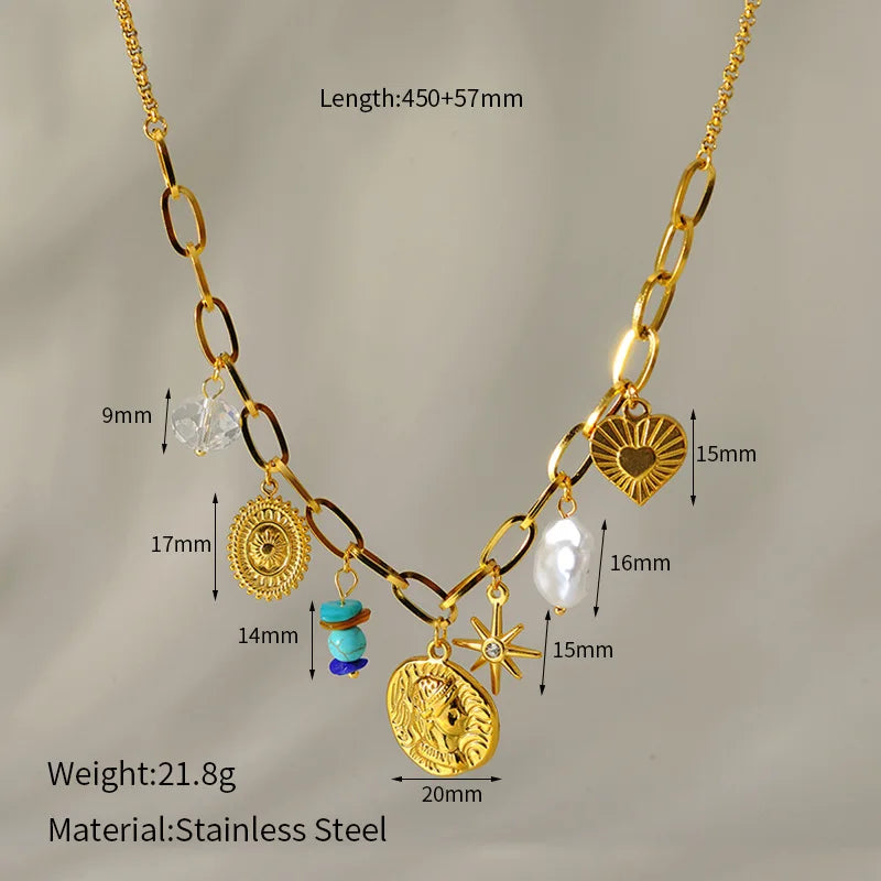 Boho Gold Charm Pendant Necklaces – Sun, Moon & Vintage Coin Designs