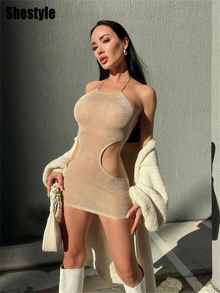 Sheath Hollow Out Nude Dress