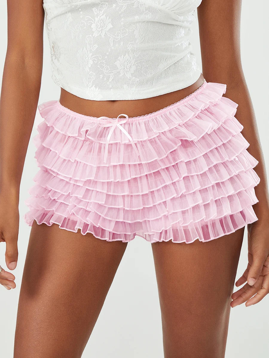 Cute Pink Lace Ruffled Layered Bloomers Shorts
