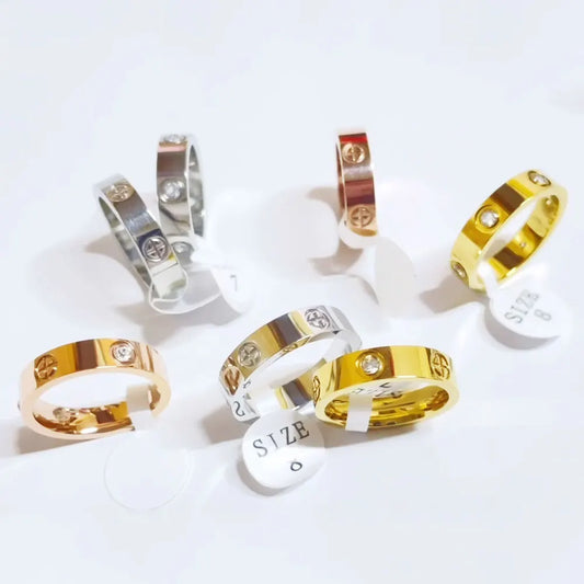 Unisex Stainless Steel Love Rings with Crystal Accents