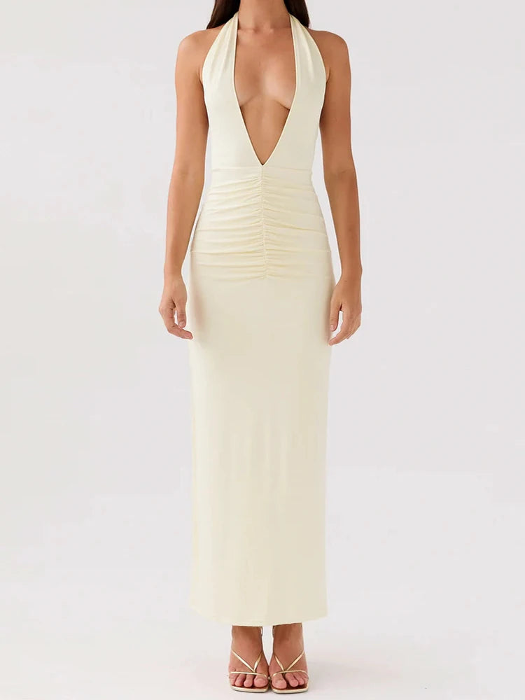 Solid Backless V-Neck Sleeveless Dress