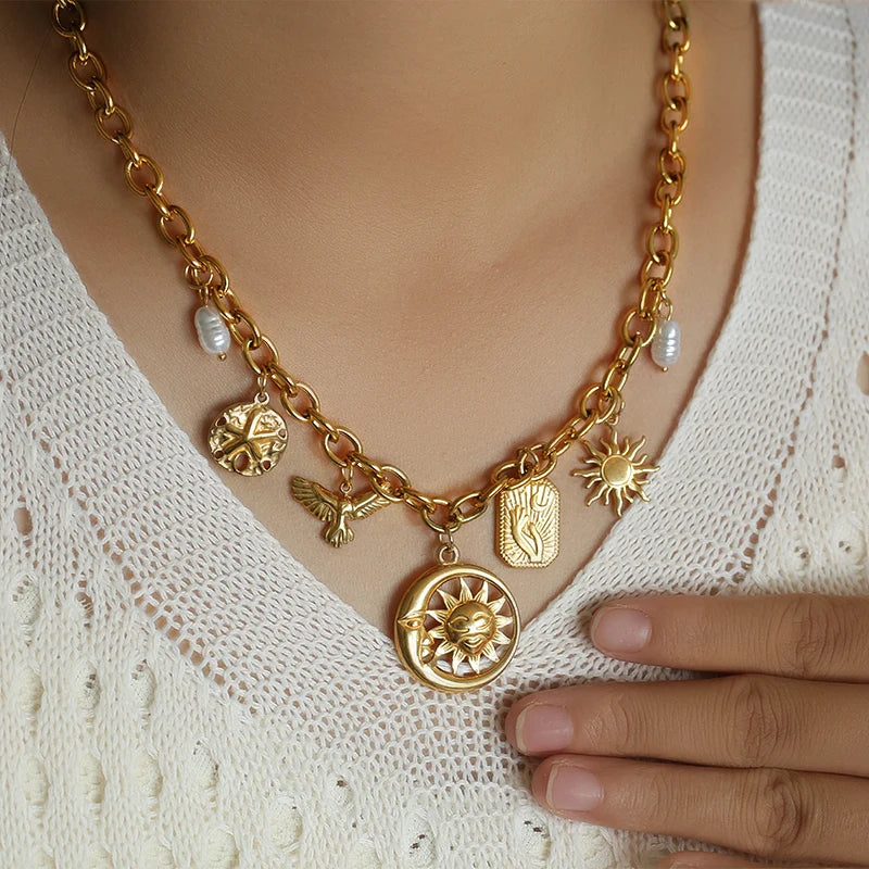 Boho Gold Charm Pendant Necklaces – Sun, Moon & Vintage Coin Designs