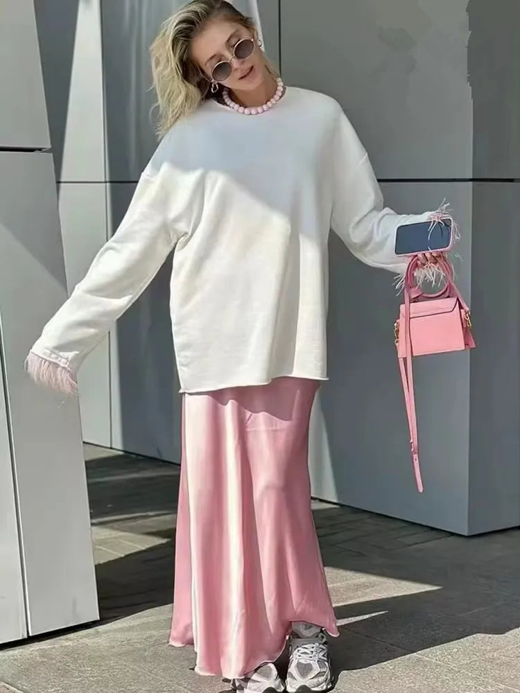 Pink Midi Skirt Elastic Waist
