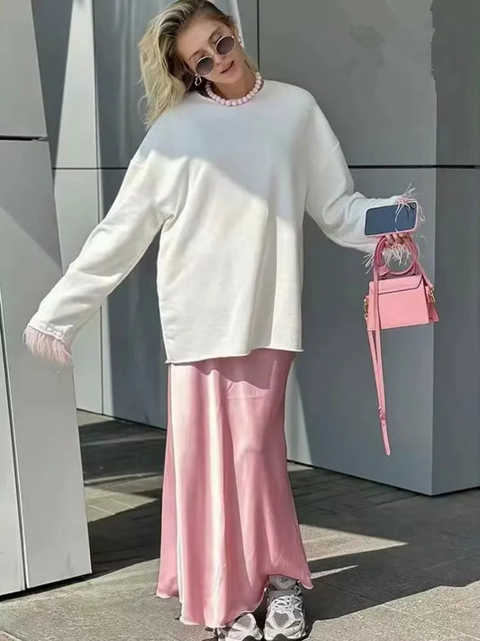 Pink Midi Skirt Elastic Waist